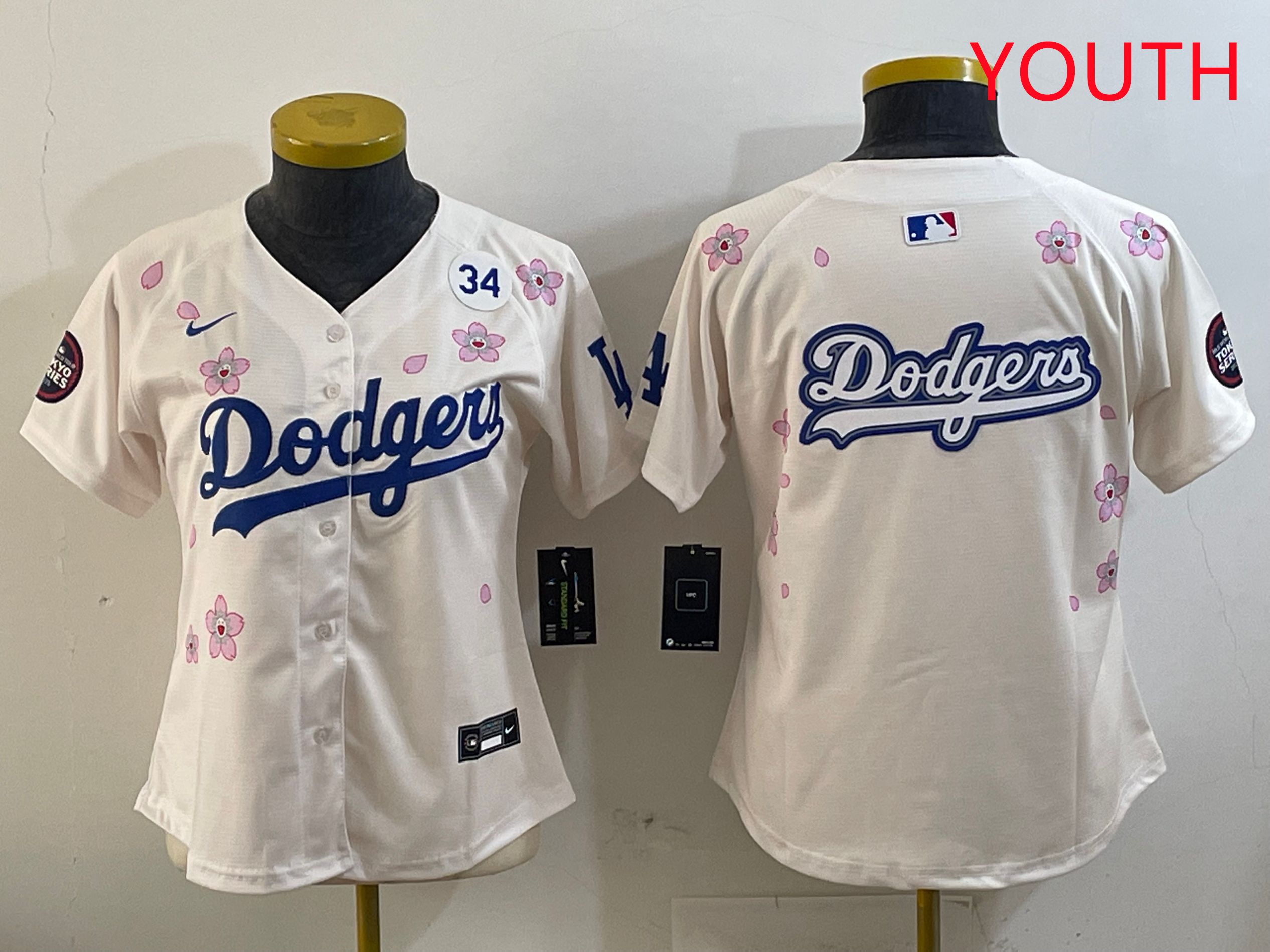 Youth Los Angeles Dodgers Blank Cream Sakura Edition 2025 Nike MLB Jersey style 17